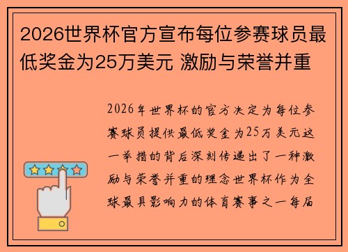 2026世界杯官方宣布每位参赛球员最低奖金为25万美元 激励与荣誉并重 2026世界杯官方宣布每位参赛球员最低奖金为25万美元 激励与荣誉并重