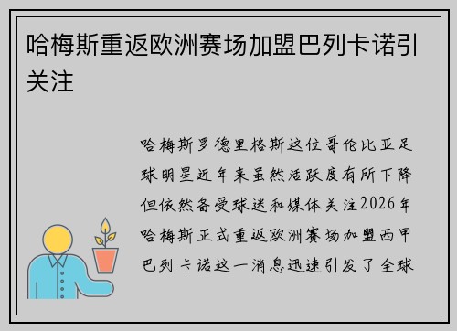 哈梅斯重返欧洲赛场加盟巴列卡诺引关注